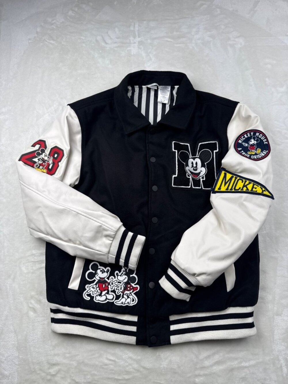 Mickey Mouse Varsity Jacket Black White - Disney Character Patches Medium-Large